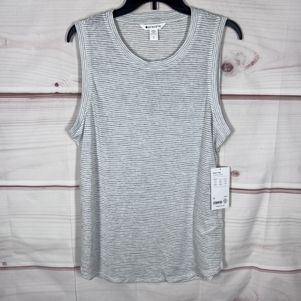 Athleta Breezy Tank Top Womens Large Grey Striped Sleeveless Breathable Yoga